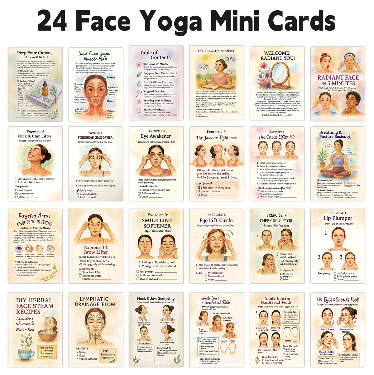 Health Wellness Yoga - 24pcs Radiant Face Yoga Cards,Pocket Guide